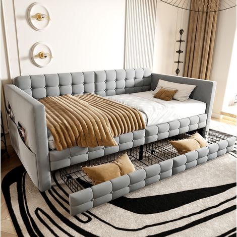 MEUBLIV Cama 90x190 cm gris claro – cabecero acolchado, almacenaje lateral, sin colchón (1/5)