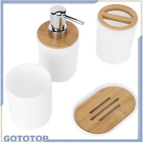 Fdit Ensemble de salle de bain 4 pièces ensemble d'accessoires de salle de bain bambou étanche cadeau brosse à deco savon (1/4)