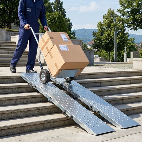 2 rampes de chargement pliables argentées avec poignées et traction antidérapante, capacité 400 kg, pour camionnette et remorque (1/3)