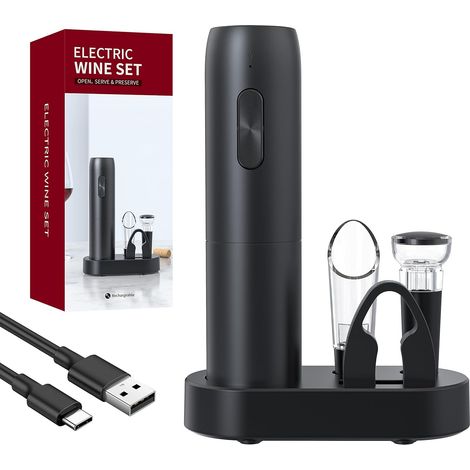 Coffret tire-bouchon électrique 5 en 1 rechargeable avec station de charge, coupe-capsule, aérateur et bouchon à vin.-AquaForge (1/5)