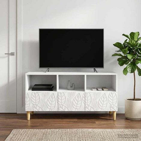 Meuble TV 3 tiroirs blanc 102 x 34,5 x 50 cm en bois d’ingénierie, pieds eucalyptus - PANGIVO (1/5)