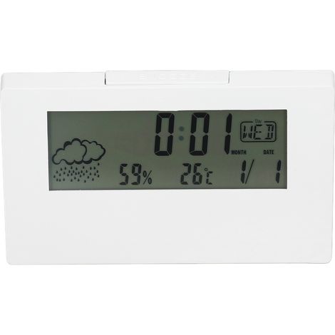 Réveil numérique avec fonction snooze, affichage LCD heure date température humidité, horloge électronique de chevet avec éclairage, blanc (1/5)