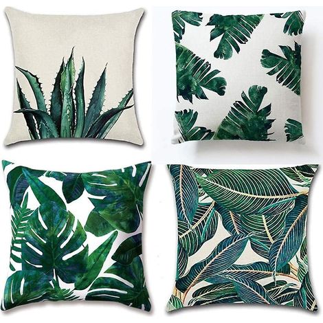 Décoration pour canapé, chambre ou salon avec plante tropicale à feuilles vertes et 4 taies d'oreiller (1/4)