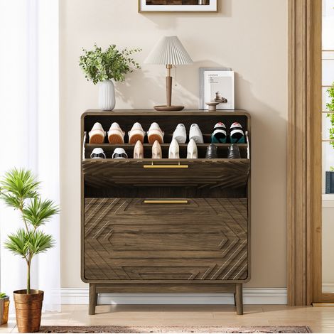 Mobile portascarpe 80 x 24 x 95 cm in MDF color noce con 2 ribalte OKMYHOME (1/5)