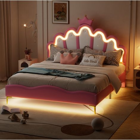 Bett 140x200 Doppelbett mit LED Krone Rosa Design HAVRYA (1/5)