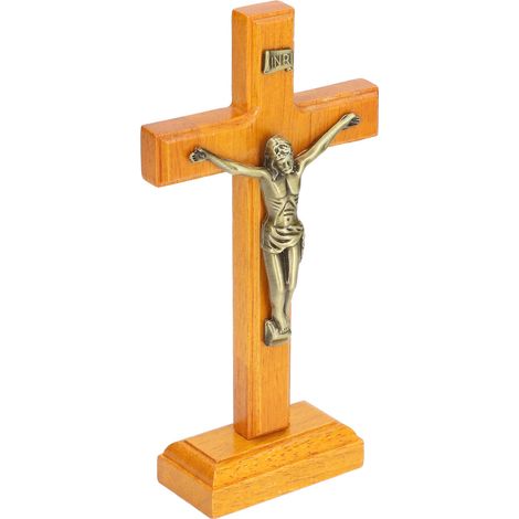 Crucifix en bois fait main de Jésus, image catholique de Jésus, décoration murale avec socle, objet de prière religieuse. (1/5)