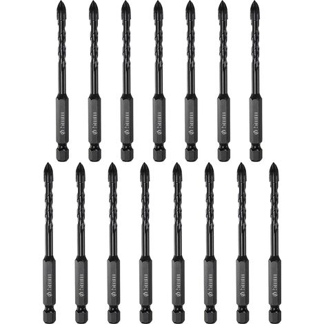 15pcs Foret Maçonnerie, Foret Béton 5mm 1/4" Tige Hexagonale Foret Céramique Pointe Carbure pour Briques, Verre, Plastique, Carrelage, Miroir Mur, Noir (1/5)