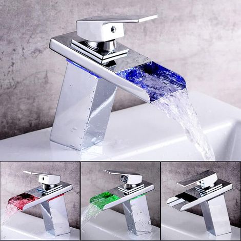 Grifo de lavabo iluminado con cascada de cristal LED Iluminación RGB de 3 colores cambiantes Grifo monomando de baño (1/5)