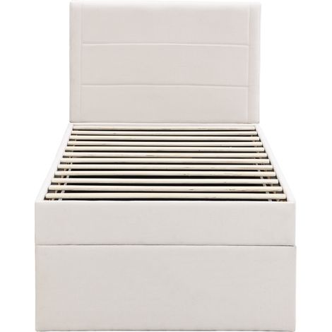 Lit rembourré 90 x 200 cm avec sommier métallique et rangement, beige, sans matelas (1/5)