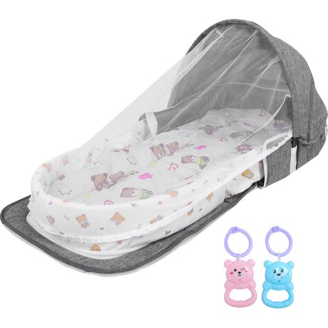 Lit pliable bébé anti-moustiques multifonction portable avec jouets et moustiquaire gris pour enfant