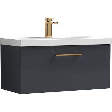 Balterley 800mm Wall Hung Bathroom 1 Drawer Vanity Unit and 1 Tap Hole Ceramic Basin, Satin Dark Grey with Brushed Bronze Handle (1/5)