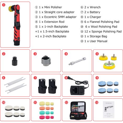Mini polisseuse sans fil avec tampon de polissage micro 1/1,5/2 pouces, beurre de cire 12 V, fonctionne comme voiture DA & RO, 6 vitesses réglables pour les détails, le polissage, le nettoyage, l'élim (1/5)