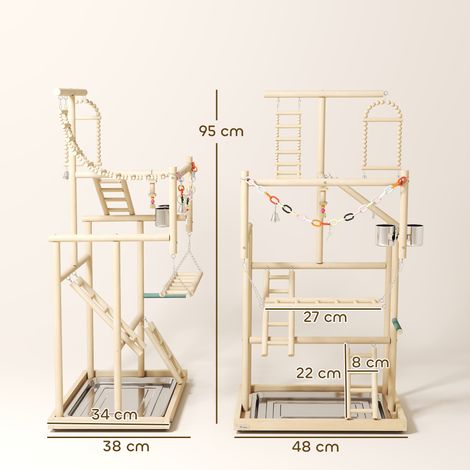 Perchoirs pour perroquets avec jouets, échelle, chaîne, gamelle, plateau amovible et perchoir, en bois naturel.