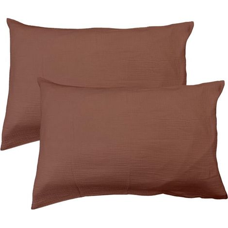 Filiyano – oreiller unies 100 – Lot de 2 taies d'oreiller unies 100 % coton - MATT et ROSE - Gaze de coton - Couleur : Chocolat - 50 x 70 cm Chocolat (1/4)