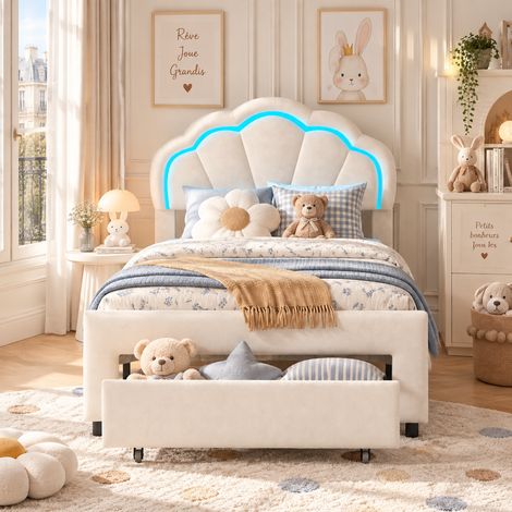 Lit enfant 90x200 cm,lit capitonné simple avec 1 Tiroir,Tête de lit coquillage avec éclairage LED,Lit Princesse,Sommier à lattes,Velours, Blanc (1/5)