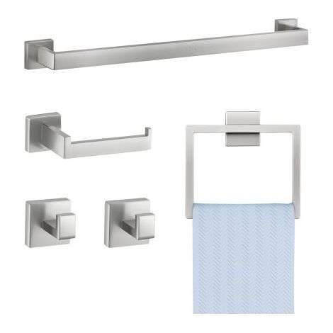 Badezimmer Hardware Zubehör Set aus Edelstahl 304 (5-tlg.) inkl. Handtuchstange & Handtuchhalter (quadratischer Ring) & 2 Haken & Toilettenpapierhalter, für Badezimmer, Wandmontage Silber (1/5)