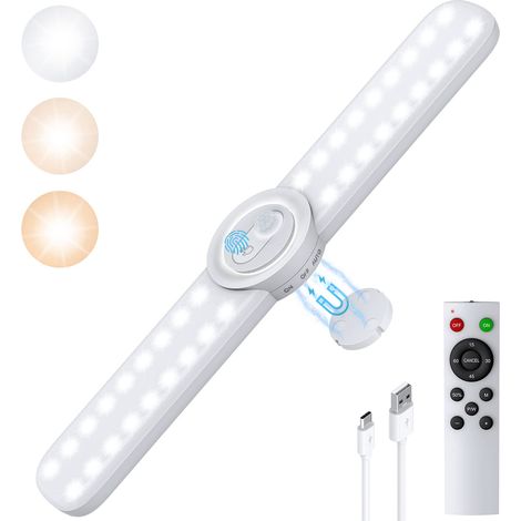 Lumière d'armoire à détecteur de mouvement LED avec télécommande, 3 couleurs à intensité variable sous le comptoir, lumière de placard USB (1/5)