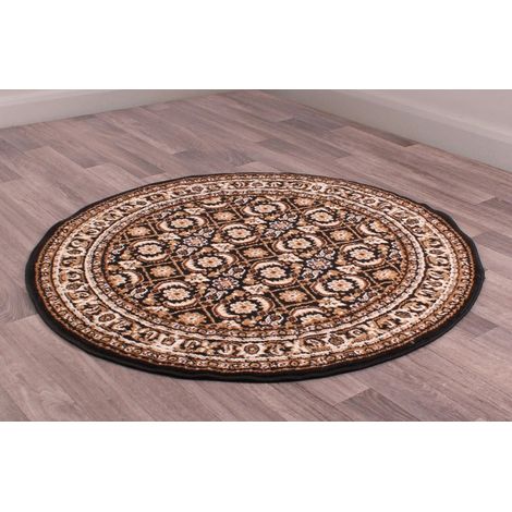 Traditional Poly Esta Bordered Classical Floral Black Rug Floor Mat Carpet Circle 120 x 120 cm (4x4') Round