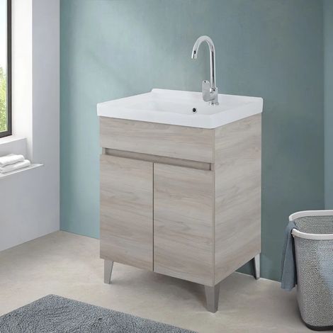 Mobile lavatoio 60x46,8 cm rovere grigio con vasca in ceramica bianca (1/5)