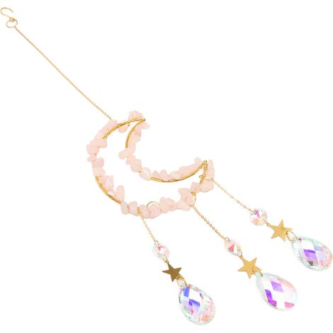 Pendentif carillon éolien en cristal de quartz rose naturel, attrape-soleil et lune, pour la décoration intérieure, Noël, avec chaînette de suspension. (1/5)