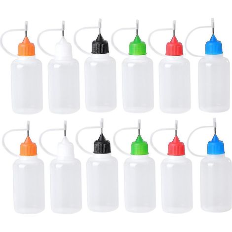 Lot de 12 flacons compte-gouttes de précision de 30 ml avec embout aiguille pour applicateur de colle et encre (noir, rouge, bleu, vert, orange, blanc, par lot de 2). (1/4)