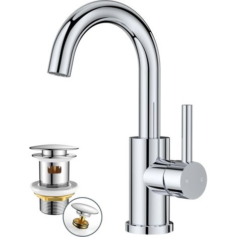 Robinet avec Bonde de Vidage pour Salle de Bain/Cuisine, Pivotant à 360°, Mitigeur pour Eau Chaude/Froide, en Acier Inoxydable, Facile à Installer pour Lavabo, Petite Cuisine, Camping-car