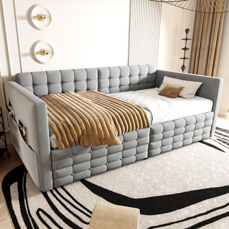Lit/canapé-lit capitonné 90 x 190 cm, motif à carreaux classique, compartiments de rangement sur les côtés du lit, deux tiroirs sous le lit, convient comme lit d'appoint ou lit simple, tissu velours, (1/4)