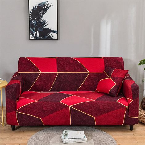 Copridivano elasticizzato a 2 posti con braccioli, fantasia geometrica, rosso [SFT186]