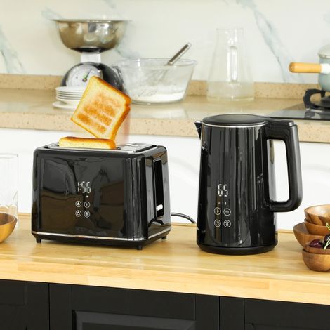 Ensemble petit-déjeuner noir : grille-pain + bouilloire 1,5L 2200W,7 niveaux de brunissement,dégivrage,réchauffage et arrêt automatique.