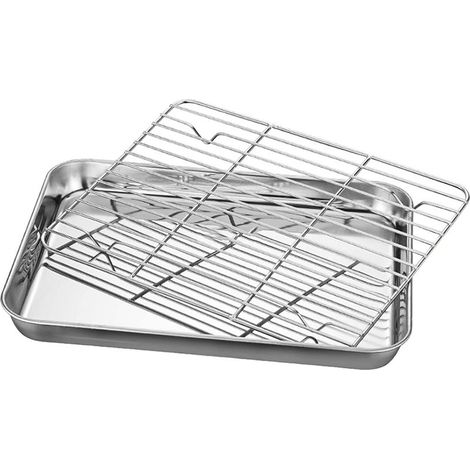 Plateau de barbecue, Plaque de cuisson plate en acier inoxydable avec grille, plaque de cuisson carrée, avec grille de refroidissement et lèchefrite - 22x32cm (1/5)
