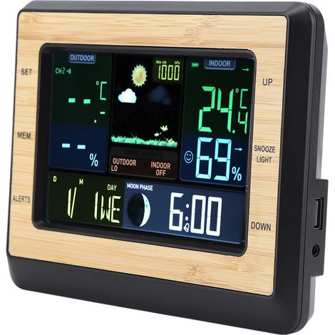 Station météo avec horloge, sans fil, affichage couleur, thermomètre, capteur de température et d'humidité, alarme (1/5)