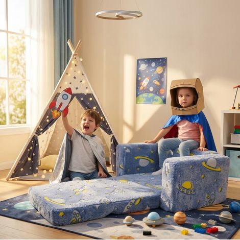 Leuchtendes faltbares Kinder-Plüschsofa mit Astronauten- und Raketenmotiven, blau-grün OKMYHOME (1/5)
