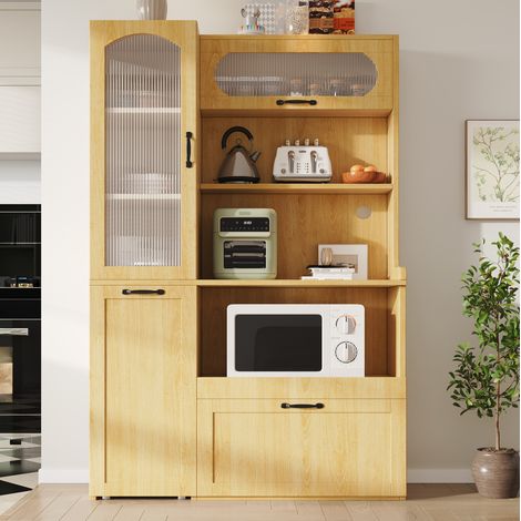 Aparador alto de cocina con cajones y estantes ajustables, vidrio estriado, natural (1/5)