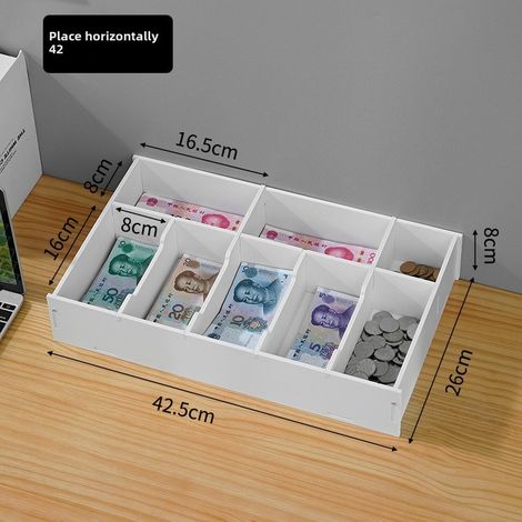 Caja para guardar monedas para la oficina, monedero, organizador de cajones para billetes, hucha (la caja para monedas se monta horizontalmente a 42,5 cm). (1/5)