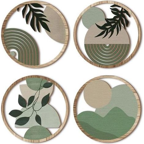 Décoration murale bohème 4 pièces, suspension murale ronde creuse décorative en bois, art géométrique neutre botanique vert pour salon, chambre, bureau (1/5)