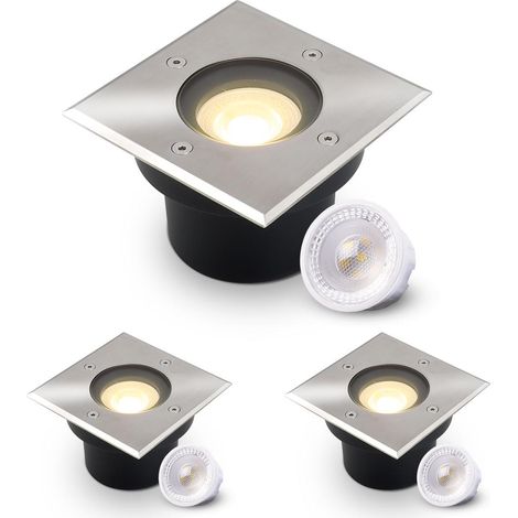 LED Bodeneinbaustrahler flach eckig Edelstahl 230V IP67 - Leuchtmittel: 5W 2700K DIMMBAR 60° - Anzahl: 3x (1/5)