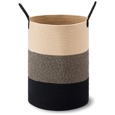 QORVA-Grand panier à linge, panier de rangement haut en corde tressée, idéal pour ranger couvertures, jouets et vêtements sales dans le salon, la salle de bain et la chambre. (1/5)