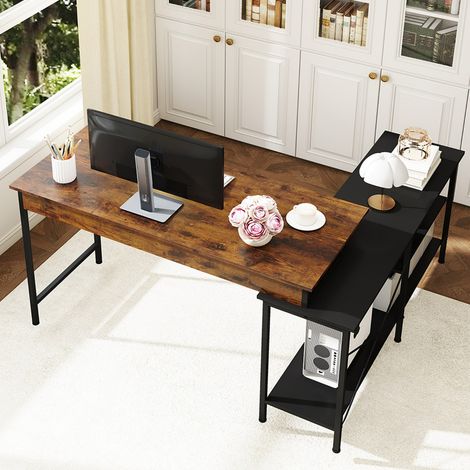 Bureau Gaming d’Angle Réversible Grand Bureau en L 135 x 120 cm avec Étagères de Rangement Cadre Métallique Table Gamer Brun Rustique (1/3)