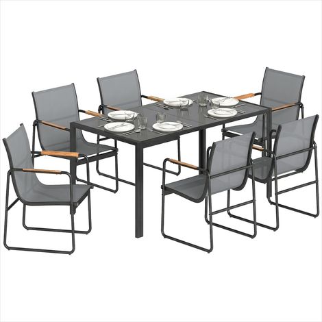 Salon de jardin 7 pièces en verre et acier pour 6 personnes Gris (1/5)