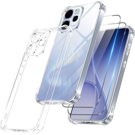 Coque pour Oppo Reno 15 5G avec 2 Protection D'écran Verre Trempé, TPU Bumper Transparente Case, [Coussin d'air Intégré] Antichoc Antirayures Anti-Jaunissement Mince Housse, Transparent (1/5)
