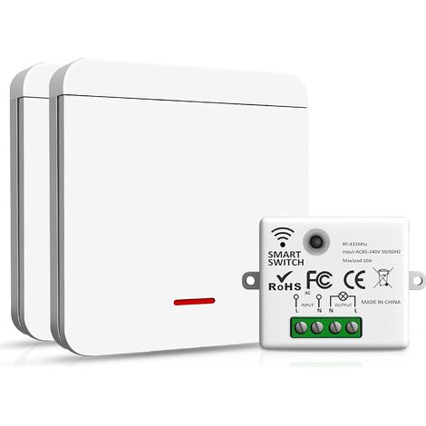 Interrupteur sans fil 433 MHz – 2 interrupteur et 1 récepteur 10A, installation facile, interrupteur radio sans fil et sans pile, télécommande d’éclairage à distance pour usage domestique (1/5)