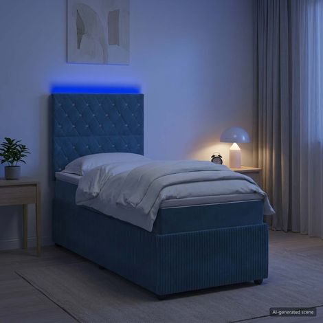 vidaXL Lit boxspring LED avec matelas Bleu 100 x 200 cm Velours (1/5)