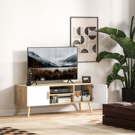 Meuble TV meuble télé bois banc TV jusqu'à 50 pouces avec étagères. 2 placards et passe-câbles. chêne