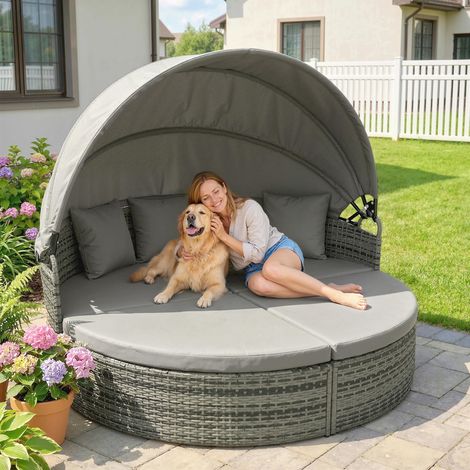 Bain soleil rond lit jardin extérieur modulable 3 PSC résine tressée auvent rétractable, gris clair (1/5)