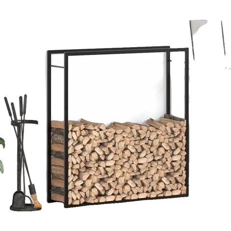 Estante para leña, construcción robusta de acero, diseño que ahorra espacio, color negro. (1/2)