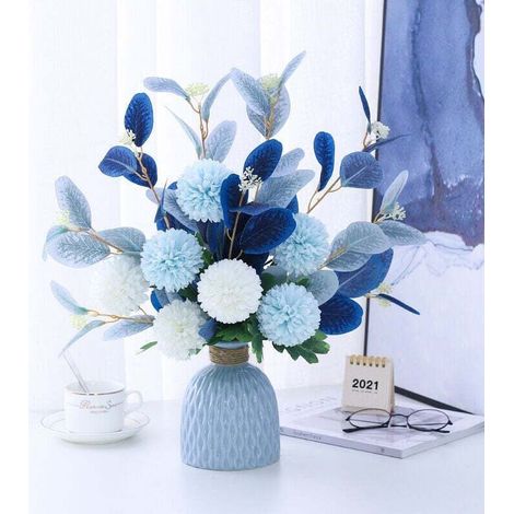 Kunstblumen, künstliche Zimmerpflanze, blaue künstliche Blume im mediterranen Stil, für Heim-, Büro- und Hochzeitsdekoration (Kunstblumen, Vase) Set