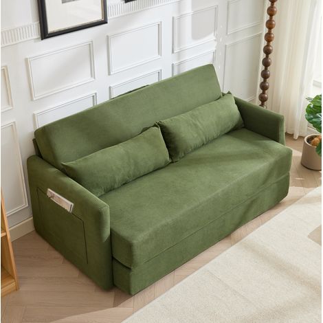 Sofá cama plegable de 2 plazas en pana con 2 cojines lumbares verde DESVIAE (1/5)