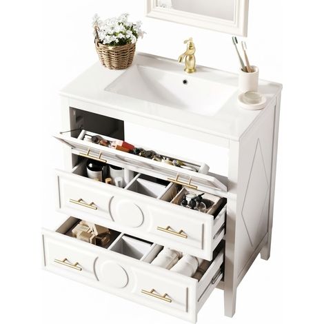 ELVMI Meuble Sous Vasque 3 Tiroirs à Fermeture Amortie, Vasque Céramique, MDF Blanc, 81 x 46.5 x 86.5 cm (1/5)