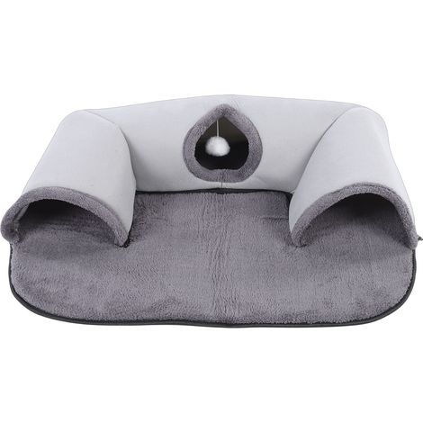 Lit Tunnel pour Chat U Détachable en Peluche Douce 75x55cm avec Jouet Balle Suspendue Confortable et Lavable (1/5)