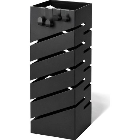 VOUNOT Metal Umbrella Stand, Freestanding Holder with Drip Tray & 4 Hooks, Diagonal Pattern, Black